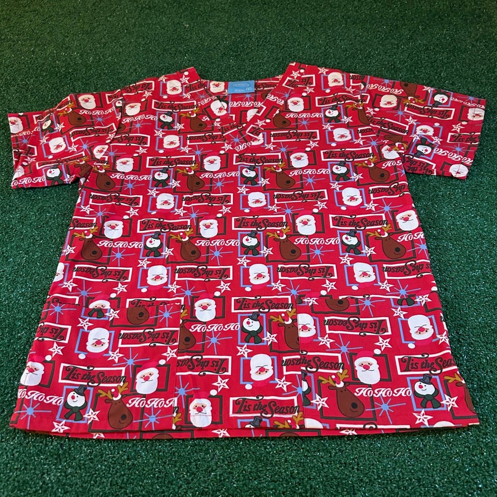 The Scrub Co. Christmas Scrub Top Santa Reindeer Holiday Print Retro Mens Large